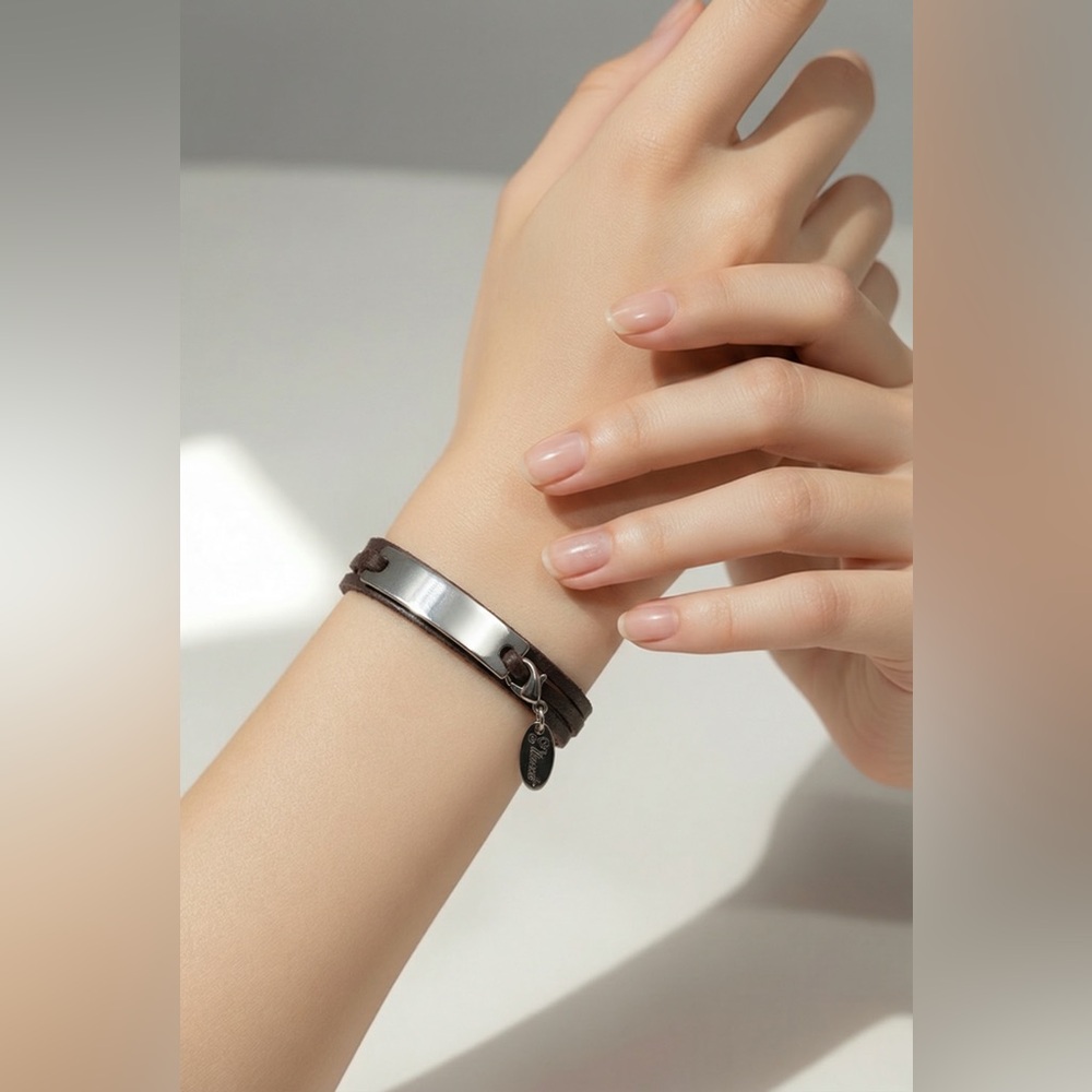 leather bracelet silver-tone rectangular metal plate for custom engraving